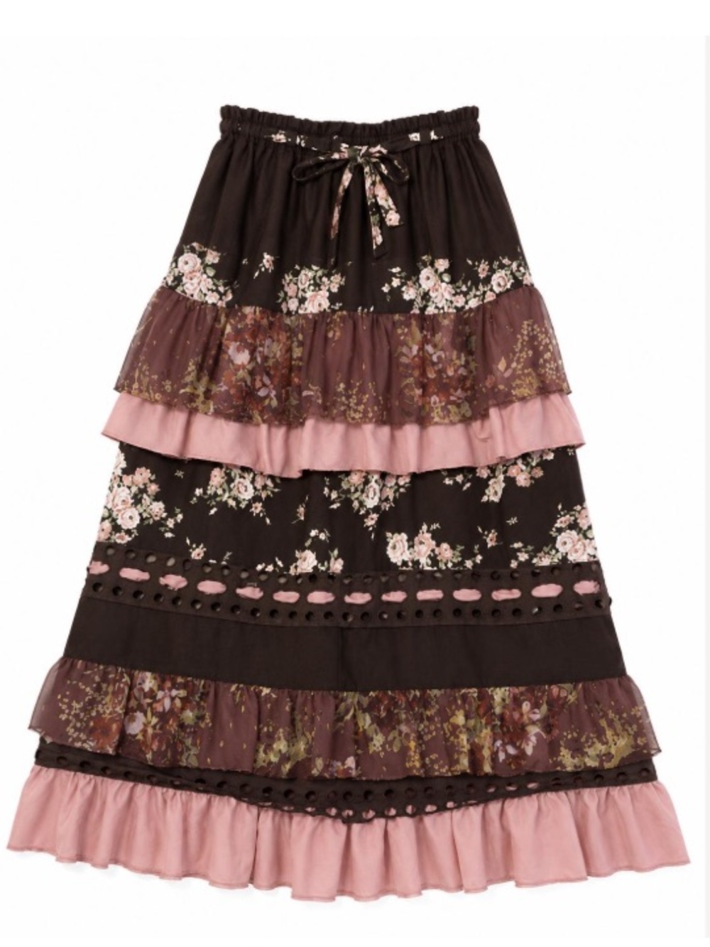 Tiered Floral Midi Skirt in Black and Dusty Pink